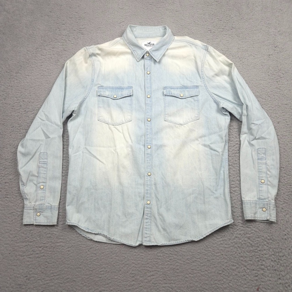 Hollister Denim Western Shirt Men XL Light Wash Pearl Snap 100% Cotton Blue